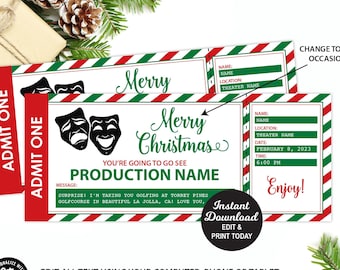 May include: A printable Christmas ticket template with a red, white, and green striped border. The ticket says "Merry Christmas" and "You're going to go see [Production Name]" with a space to add a message. The ticket also has a space to add a name, location, date, time, and theater name.