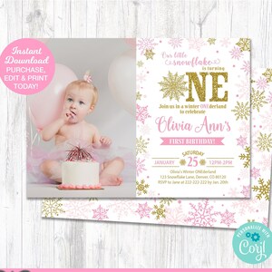 Editable Winter Onederland Invitation, Winter Wonderland Invitation, Editable Invitation, Pink and Gold, Printable, INSTANT DOWNLOAD