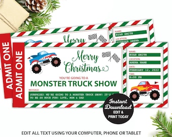 Monster Truck Show Ticket, Christmas Gift Monster Truck Ticket Editable, Surprise Monster Truck Rally, Fake Ticket, Gift Certificate
