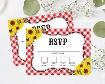 Bbq RSVP Card, Red Gingham Family Reunion Invitation Reply Card Insert Grilling Picnic Summer Instant Download
