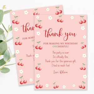 Editable Cherry Birthday Thank You Card, Girl First 1st Birthday Party Thank You Note Card Corjl Template