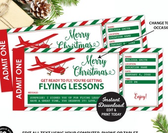 Editable Flying Lessons Ticket, Christmas Gift Certificate, Surprise Airplane Lesson Boarding Pass, Surprise Flying Lesson, Adult Gift