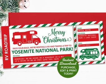 RV Rental Ticket, Camping Trip, Surprise Road Trip, Vacation Ticket, National Park Trip, Christmas Gift, Trip Ticket, Editable Ticket