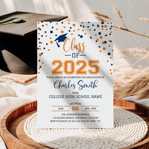Editable Graduation Invitation, Class of 2025 Announcement, Blue Orange Graduation Party Invite, College Graduation, High School Graduation