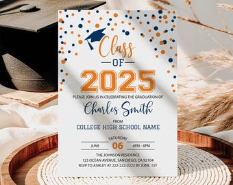 Editable Graduation Invitation, Class of 2026 Announcement, Blue Orange Graduation Party Invite, College Graduation, High School Graduation