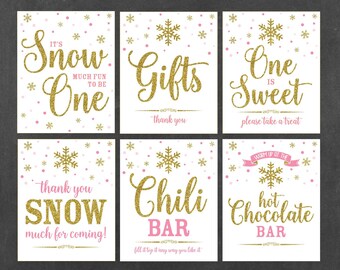 Winter ONEderland Signs Set of 6, Winter Wonderland Party Sign, Pink and Gold First Birthday Sign, Printable PDF Files, INSTANT DOWNLOAD