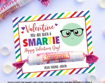 Smartie Valentines Day Tag Printable, Kids Valentine Card, School Valentines Cards, Candy Valentine, Printable Valentine