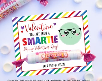 Smartie Valentines Day Tag Printable, Kids Valentine Card, School Valentines Cards, Candy Valentine, Printable Valentine