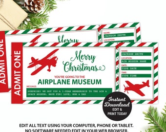 Christmas Airplane Museum Ticket, Surprise Air Space Museum Ticket Template, Airplane Museum Membership, Christmas Gift, Fake Ticket