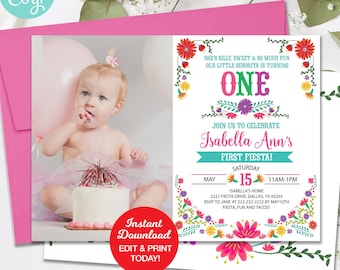 Fiesta Birthday Photo Invitation, First Birthday Invitation, First Fiesta, Editable Invitation, Photo Invite, Printable Invite