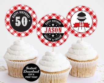 BBQ Birthday Cupcake Toppers, BBQ Birthday Decorations, 30th Birthday, 40th Birthday, 50th Birthday, 60th Birthday, Summer Birthday