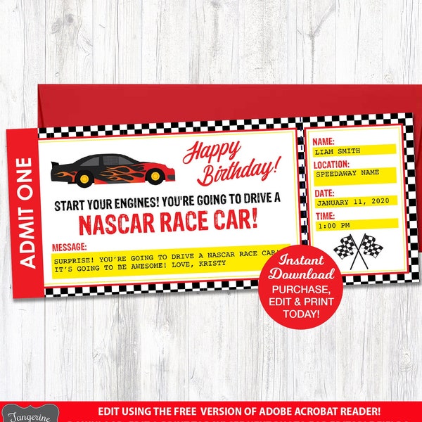 Drive A Race Car Ticket, Birthday Fake Nascar Ticket, Surprise Race Car Ticket, Editable Ticket, Drive A Nascar Race Car Gift Certificate
