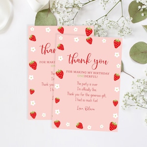 Editable Strawberry Thank You Card, Berry First Birthday Party Thank You Note Card Girl 1st First Birthday Corjl Template