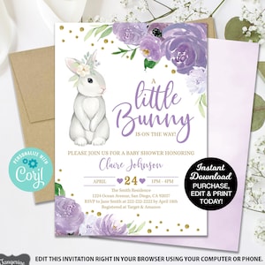 May include: Purple and gold baby shower invitation with a white bunny illustration. The invitation reads "A little bunny is on the way!" and includes the date, time, and location of the event.  The text "Instant Download Purchase, Edit & Print Today!" is also included.