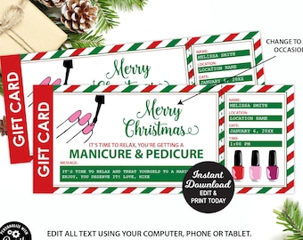 Manicure Pedicure Ticket Editable, Christmas Gift, Manicure Gift Card Printable, Mani Pedi Gift Certificate, Manicure Christmas Gift