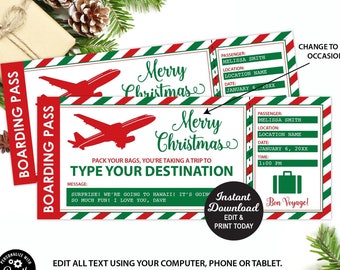 Billet de voyage surprise, billet d'avion, carte d'embarquement, imprimable, cadeau de Noël, vacances surprise, billet modifiable, téléchargement immédiat