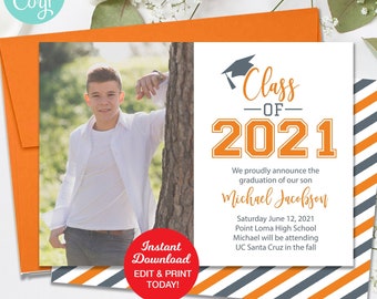 Editable Graduation Announcement Orange Grey, Graduation Party Invitation, Class of 2026 Announcement, College Graduation High School Grad