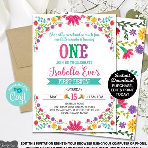 Editable Fiesta Birthday Invitation, First Fiesta Invitation, Mexican Fiesta Invitation, Taco Birthday, Printable Invitaiton