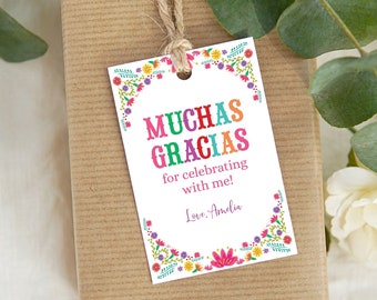 Fiesta Birthday Favor Tags, Mexican Party Thank you Labels, Fiesta Birthday Decoration, Editable Gift Tag Mexican Flowers Corjl Template