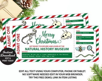 Natural History Museum Ticket, Museum Membership, Christmas Gift, Editable Ticket, Kids Christmas Gift, Christmas Present