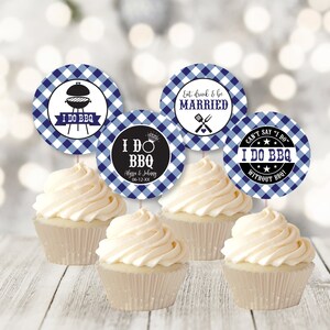 I Do BBQ Cupcake Toppers, BBQ Engagement Party Cupcake Pick, Wedding Shower Navy Blue Gingham Decoration