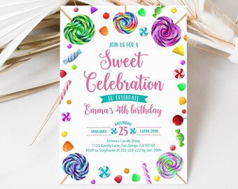 Editable Candy Birthday Invitation, Candy Birthday Party Invite, Girl Birthday Invitation Template, Sweet Celebration Printable