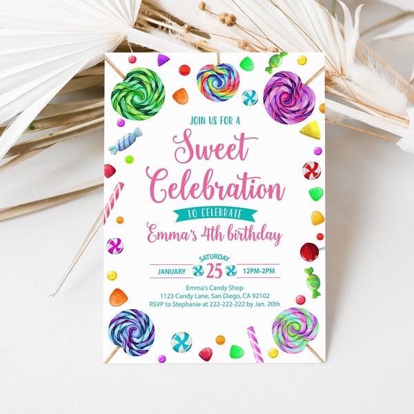 Editable Candy Birthday Invitation, Candy Birthday Party Invite, Girl Birthday Invitation Template, Sweet Celebration Printable