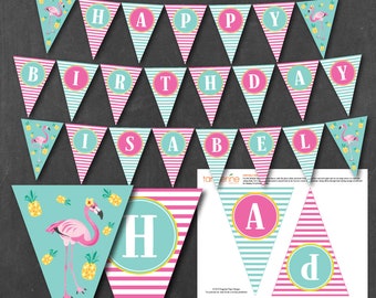 Flamingo Birthday Banner, Flamingo Pineapple Birthday Banner, Printable PDF File, Personalized INSTANT DOWNLOAD