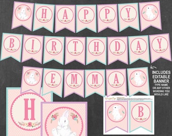 Bunny Birthday Banner, 1st Birthday Banner, Bunny Birthday Decorations, Spring Birthday, Printable PDF File, INSTANT DOWNLOAD