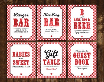 Baby Q-skyltar paket rött, BBQ babyshower-skyltar 6-pack, babyshower-skyltar för par, utskrivbara PDF-filer, direkt nedladdning