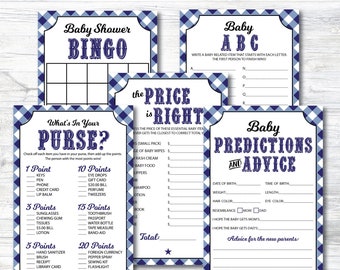 Peut inclure: Quatre cartes de jeu de baby shower imprimables avec un motif à carreaux bleu et blanc. Les jeux sont : Baby Bingo, What's in Your Purse?, Baby ABC et Baby Predictions and Advice.