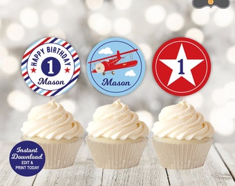 Airplane Birthday Cupcake Toppers, Boy Birthday, Editable Vintage Airplane Birthday, Cupcake Picks, Printable