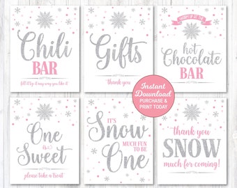 Winter Onederland Signs, Winter Onederland Birthday Decorations Girl Pink Silver, Winter Wonderland, First Birthday, Instant Download 0006