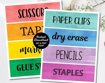 Watercolor Classroom Supply Labels, Rainbow Label, Classroom Organization Labels, Classroom Subject Label, Editable Drawer Label, Name Tags