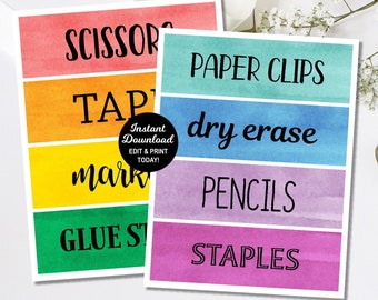 Watercolor Classroom Supply Labels, Rainbow Label, Classroom Organization Labels, Classroom Subject Label, Editable Drawer Label, Name Tags