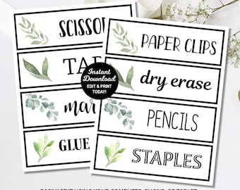 Greenery Classroom Labels, Botanical Classroom Supply Labels, Name Tags, Classroom Subject Label, Feather Editable Label, Drawer Label
