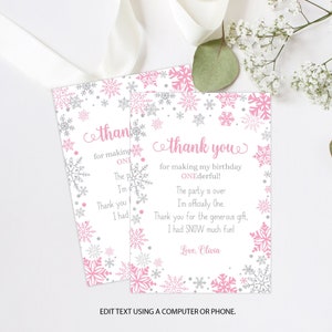 Editable Thank You Note Card, Winter Onederland Birthday Thank You Card Snowflake Party Winter Birthday Girl 1st Corjl Template 0006