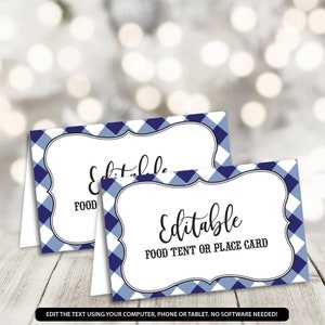 Editable I Do BBQ Food Labels, BBQ Food Tents Printable Place Cards, Navy Blue Gingham Buffet Cards, Baby Shower Decoration, Bridal Shower