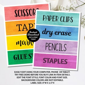Watercolor Classroom Supply Labels, Rainbow Label, Classroom Organization Labels, Classroom Subject Label, Editable Drawer Label, Name Tags