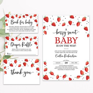 Editable Strawberry Baby Shower Invitation Bundle, Red Strawberry Baby Shower Invite, Berry Sweet Baby Shower Invitation Template