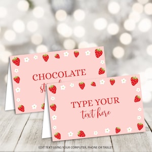 Editable Strawberry Food Labels, Berry Sweet Birthday Party Food Tents Printable Place Cards Buffet Cards Strawberry Baby Shower Decoration