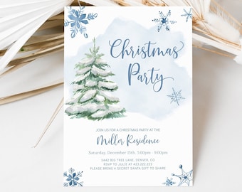 May include: A blue and white Christmas party invitation with a watercolor illustration of a snow-covered pine tree. The text reads "Christmas Party" and includes details about the event, including the date, time, location, and RSVP information.