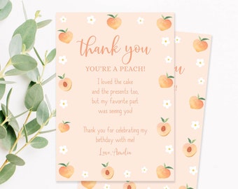 Editable Peach Thank You Card, Sweet Peach First Birthday Party Thank You Note Card Girl 1st First Birthday Corjl Template