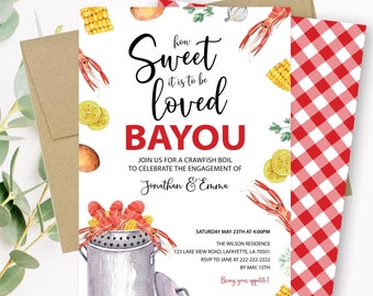 Editable Crawfish Boil Engagement Party Invitation, How Sweet It Is to be Loved Bayou Bridal Shower Invite Wedding Seafood Corjl Template