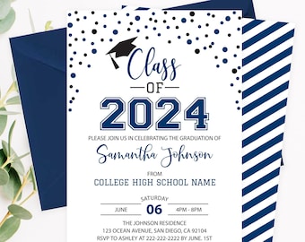 Editable Graduation Invitation Navy Blue & White Class of 2024 Graduation Announcement, College Graduation High School Corjl Template