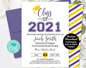 Editable Graduation Party Invitation Purple Gold, 2024 Graduation Announcement, Class of 2024 College High School Corjl Template
