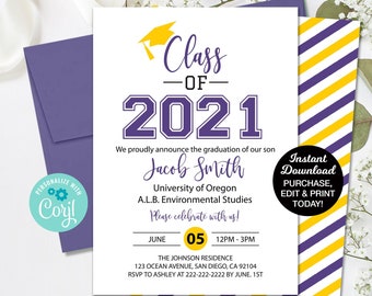 May include: Purple and yellow graduation announcement for Jacob Smith, Class of 2021. The announcement includes the date, time, and location of the graduation celebration. It also includes the text "Instant Download, Purchase, Edit & Print Today!"