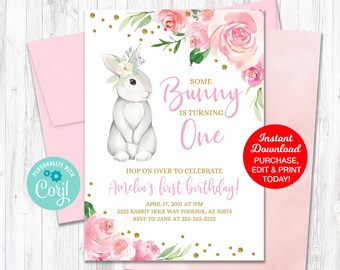 Bunny Birthday Invitation, Some Bunny Is One, Spring Birthday Invitation, Girl First Birthday, Easter Birthday, Printable INSTANT DOWNLOAD