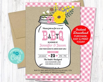 Baby Q Shower Invitation Mason Jar Pink, Girl BBQ Baby Shower Invitation Printable, BBQ Couples baby shower invitation, Instant Download