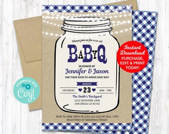 Baby Q Shower Invitation Mason Jar Navy Blue, BBQ Baby Shower Invitation, Mason Jar baby shower invitation, Instant Download